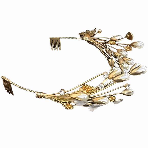 Bridal Tiara | Gold Crown | Wedding Headband | Butterfly | Pearl | Gold | Hair